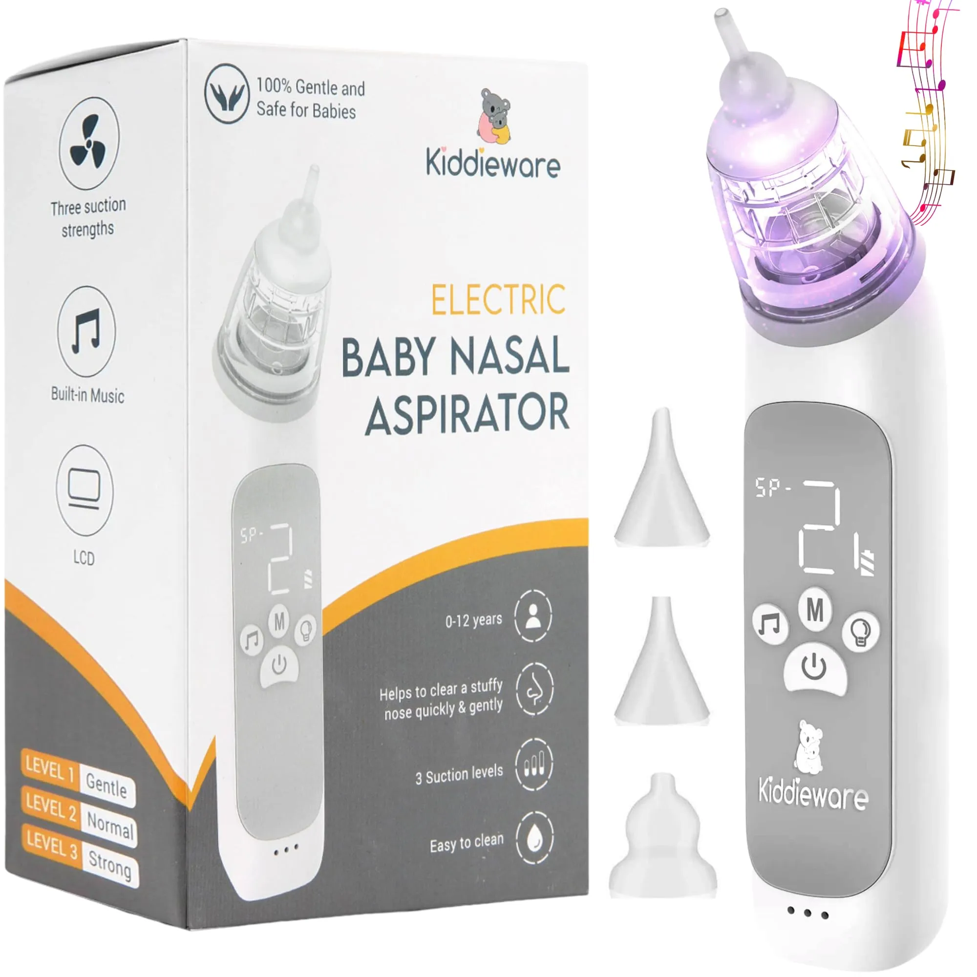 Kiddieware Nasal Aspirator for Baby Nose Sucker - Electric Nose Suction for Baby with Soothing Music and Colorful Lights - Rechargeable Baby and Toddler Nose