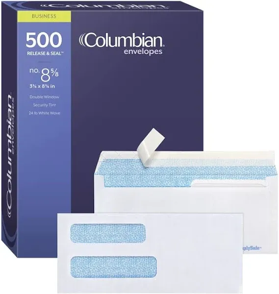 Columbian #8 5/8 Security Envelopes, 500/Box, Double Window, 3-5/8" x 8-5/8", Release & Seal Self Seal, SimplySafe Tamper Evident, White (COLO156)