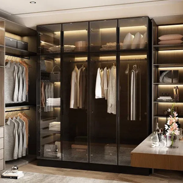 Glass Doors Wardrobe Armoires Aluminum Frame with LED Lights