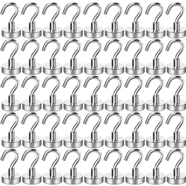 E BAVITE Neodymium Strong Magnetic Hooks, 25Lbs Heavy Duty Earth Magnets with Hook for Hanging, Kitchen, Workplace, Office and Garage - Pack of 45