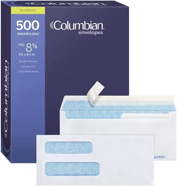 Columbian #8 5/8 Security Envelopes 500/Box Double Window 3-5/8" x 8-5/8