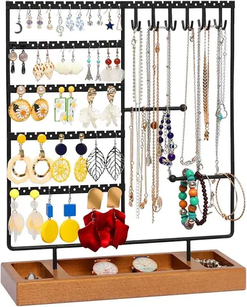 X-cosrack Jewelry Holder Organizer Stand, Jewelry Display with Earring Necklace Bracelet Holder, Earring Organizer and Storage with 132 Holes, Necklace Holder with 12 Hooks, Rustic Black+Brown