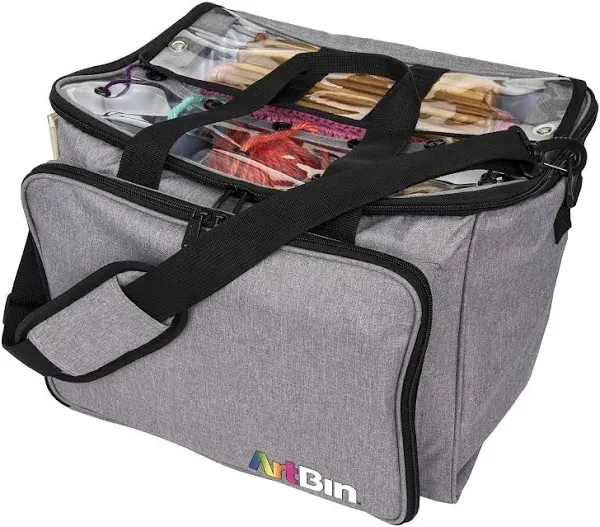 ArtBin 6938AG Needleworks Project Bag, Needleworks Project Bag with Removable Dividers, Split Main Compartment, & Pockets, Yarn & Project Storage, Grey