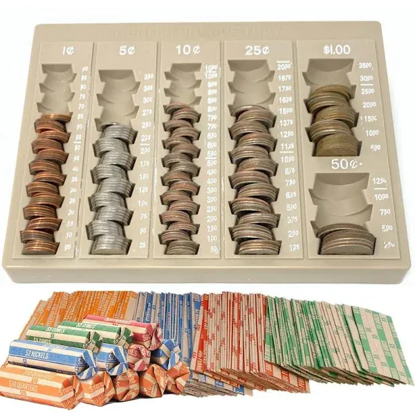 Coin Counter and Sorters Money Tray – Bundled with 64 Coin Roll Wrappers – 6 Storage Compartment Change Organizer and Holder - Ideal Coin Dispenser for Bank Tellers Business or Home Use