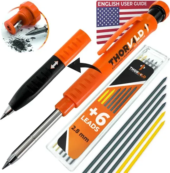 THORVALD New 2-in-1 Carpenter Pencils with Finger Grip for Carpenter (Incl. 7 Leads + Sharpener) Solid Mechanical Pencils with Fine Point/Best Marking tools Construction/Carpenters/Scriber