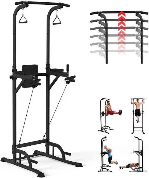 Pull Up Dip Station for Home Gym, Power Tower with Backrest, Adjustable Height