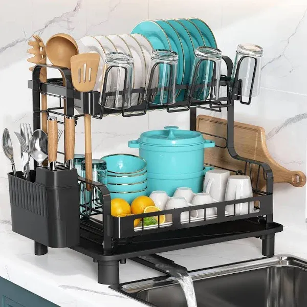 romision Dish Drying Rack and Drainboard Set, 2 Tier Large Stainless Steel Sink Organizer Dish Racks with Cups Holder, Utensil Holder, Dish Strainer Shelf for Kitchen Counter, Black