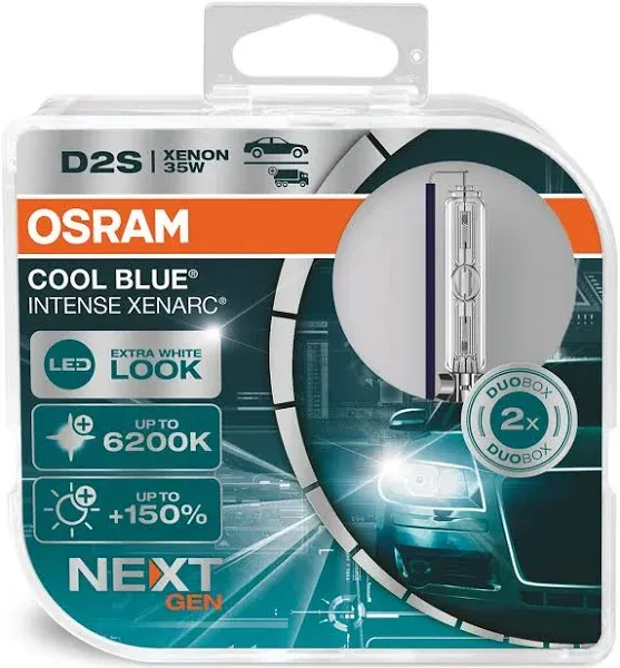 OSRAM XENARC COOL BLUE INTENSE D2S, +150% more brightness, up to 6,200K, xenon headlight lamp, LED look, duo box (2 lamps) 66240CBN-HCB