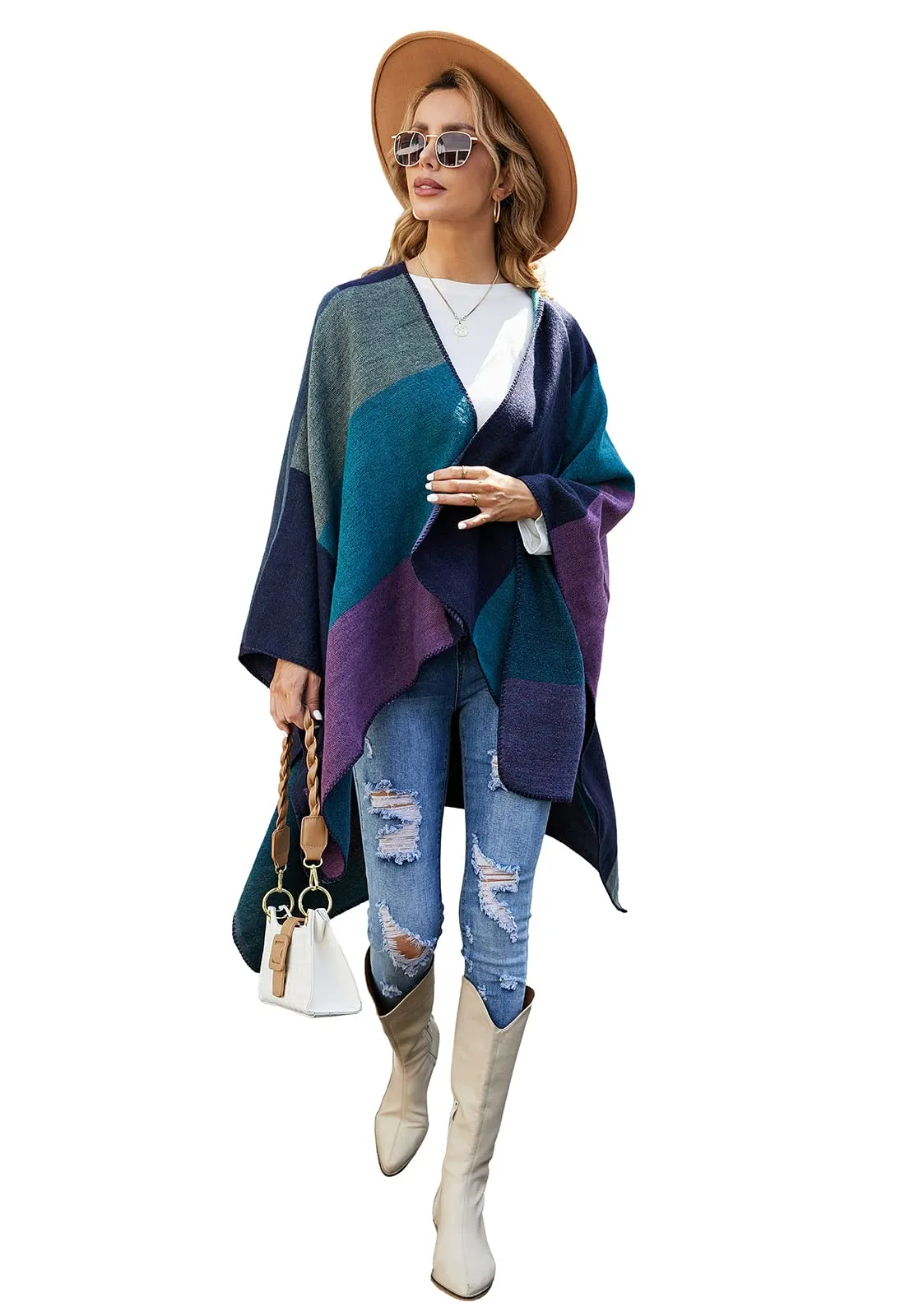 Bestshe Women's Boho Open Front Knitted Plaid Poncho