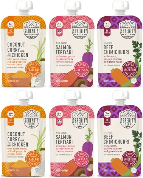 Serenity Kids 7+ Months World Explorers Baby Food Pouches Puree Made With Ethically Sourced Meats & Organic Veggies | 3.5 Ounce BPA-Free Pouch | World Explorers Intro Pack | 6 Count