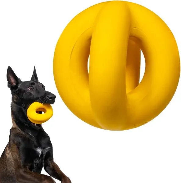 Indestructible Ring Ball - Lifetime Replacement - for Aggressive Chewers, Medium Large Breed - Non-Toxic Natural Rubber Dog Toys - Butter Scent, Yellow (Highly Visible Color for Dogs) - 4.5”