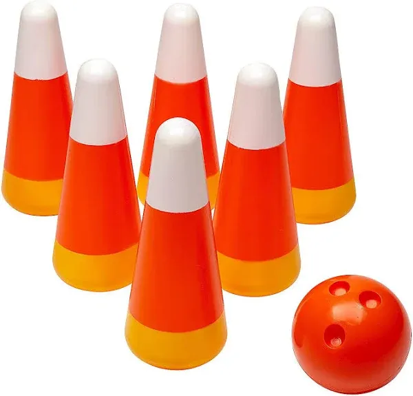 Fun Express Candy Corn and Pumpkin Bowling Set - Includes 6 Pins, 1 Ball - Great for Fall Festivals, Halloween and Other Seasonal Events - 7 Pieces