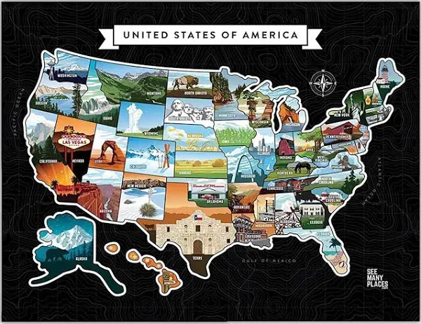 SEE MANY PLACES 28x22" USA Scratch Off Travel Map with Gold Foiling, Black