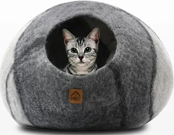 Large Wool Cat Cave Premium Felt Bed for Cats & Kittens Pet House Natural 100% Merino Wool Handmade Indoor Hideaway Eco-Friendly Cove 19 Inch Diameter Round Handcrafted Dome (Large Plain Gray)