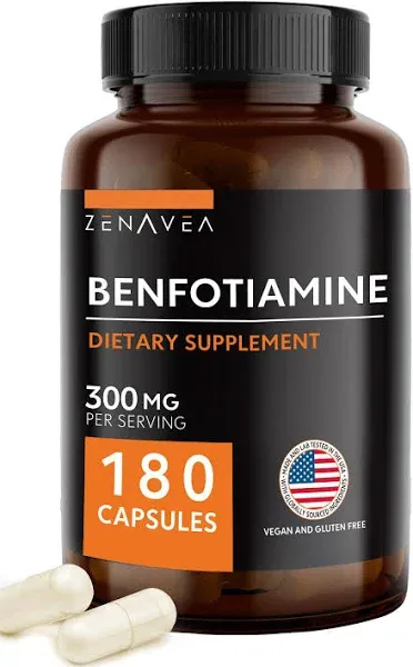 Zenavea Benfotiamine 300mg Benfotiamine B1 180 Capsules (3 Months Supply) Blood Sugar Regulation Supplement Vegan, Non Gmo, Gluten Free.