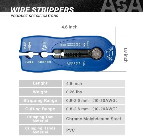 ASA TOOLS CSB Wire Stripper and Cutter,Multiple Heavy Duty Wire Stripping Tool for Wire Stripping,Cutting (Double Blades),Adjustable Blade Depth,Wire Stripping and Cutting Tool