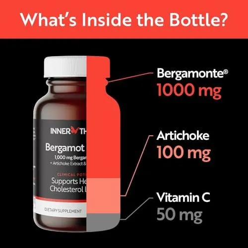 1000mg Patented Bergamot Supplement - Triple Ingredient Advanced Formula+, Clinically Proven, Formulated with Vitamin C and Artichoke Extract, 60 Count