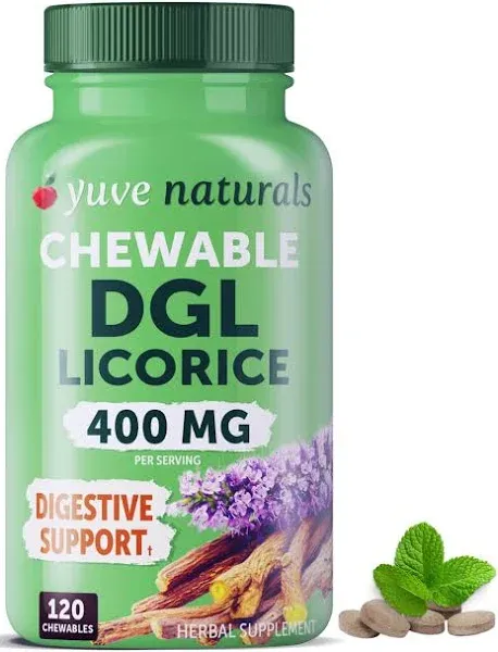 Yuve Vegan DGL Licorice Chewable Tablets 400mg - Support Stomach, Gut & Intestinal Relief - Natural Acid Reflux Formula - Ultra Pure DGL Deglycyrrhizinated Licorice Root Extract DGL Supplement - 120ct