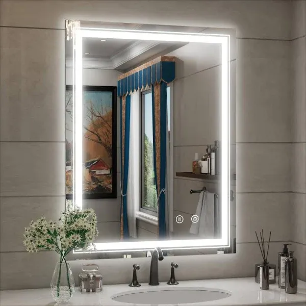 LED Mirror for Bathroom, 28x36 Inch Lighted Bathroom Mirror, Wall Mounted Memory Funtion Stepless Dimmable Anti-Fog Bathroom Vanity Mirror with Lights, Horizontal/Vertical