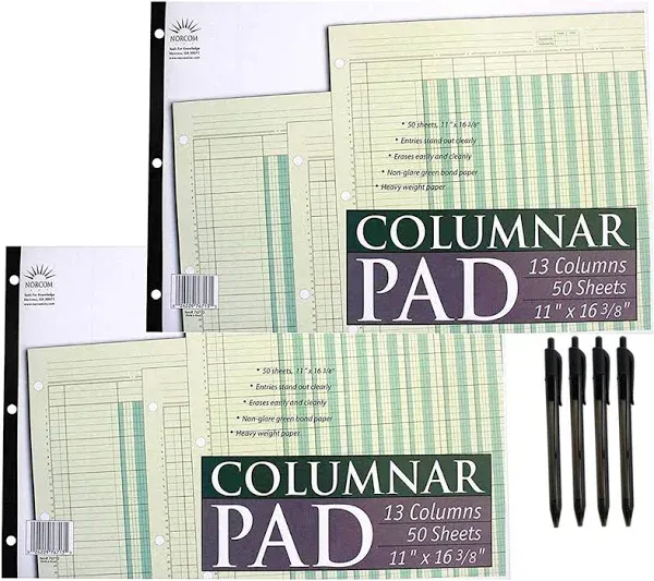 Norcom Columnar Pad 13 Columns, 11 x 16.375 Inches, 50-Sheets, Green 76713-10