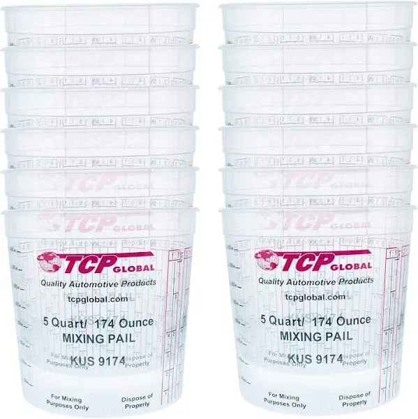 Custom Shop /TCP Global (Pack of 12 - Mix Cups/Buckets - 5 Quart) - (174 Ounce Volume Paint and Epoxy Mixing Cups) - Mix Cups are Calibrated Multiple Mixing Ratios (1-1) (2-1) (3-1) (4-1) (8-1) Epoxy Resin