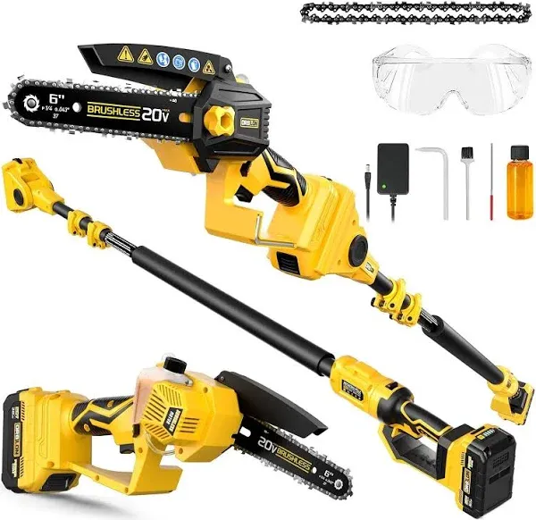 2-IN-1 Cordless 6&#034; Pole Saw &amp; Chainsaw for DeWALT 20V MAX* Battery, With 3.0 ...