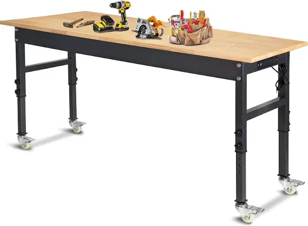 Betterhood 70&quot; Adjustable Height Workbench, 2000 LBS Heavy Duty Work Table with Power Outlets &amp; Pegboard, Rubber Wood Workstation for Garage, Workshop, Office, Home, Commercial