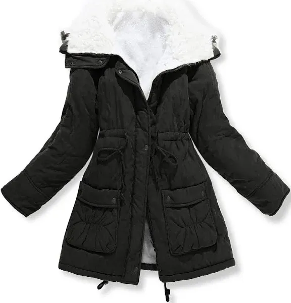 Winter Women&#039;s New Lapel Mid Length Thick Warm Faux Lamb Wool Lined Jacket Coat