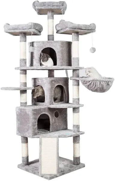 Hey-brother XL Cat Tree, 73.4 inch Cat Tower with 3 Caves, 3 Cozy Perches, Scratching Posts, Board, Activity Center Stable for Kitten/Big Cat, Beige MPJ032M