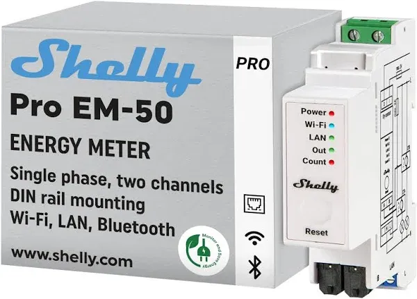 Shelly Pro EM 50A | Wi-Fi & Bluetooth Energy Meter with Contactor Control | DIN-Rail | Home Automation | Compatible with Alexa & Google Home | iOS Android App | No Hub Required | Power Monitoring