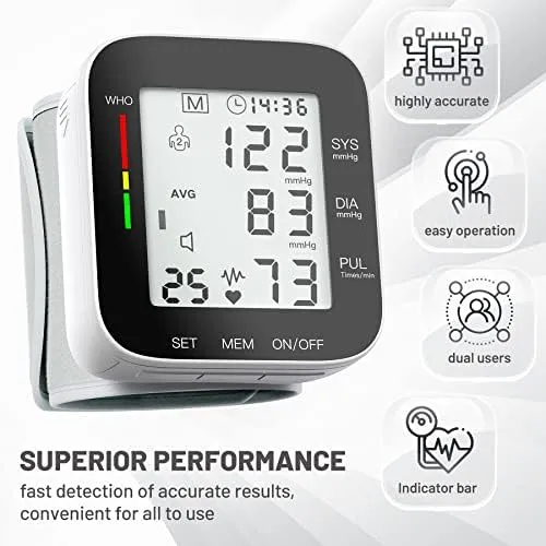 Wrist Blood Pressure Monitor Automatic Large LCD Display Adjustable Wrist Cuf...