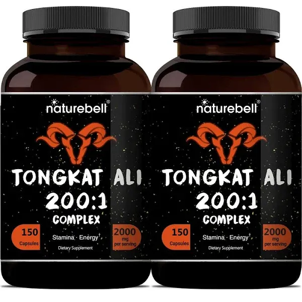 NatureBell Tongkat Ali 200:1 Extract for Men, 2000mg Per Serving, Indonesia Origin, Eurycoma Longifolia | with Panax Ginseng for Energy, Stamina, & Male Health Support (150 Count (Pack of 1))