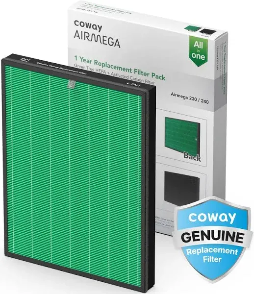 Coway Airmega 230/240 Air Purifier Replacement Filter Set, Max 2 Green True HEPA and Active Carbon Filter