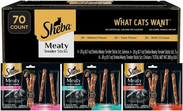 Sheba Meaty Tender Sticks Treats for Adult Cats, Salmon,70-Coun<wbr/>t Pouches, 9.94Oz