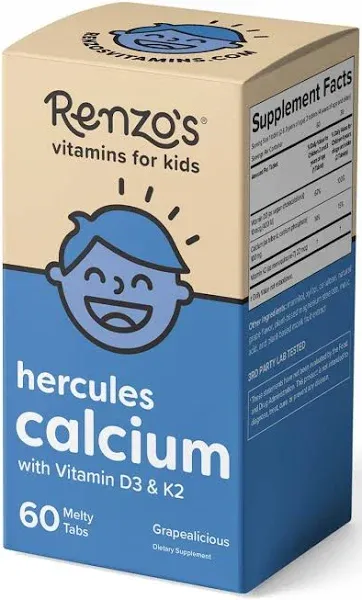 Renzo's Hercules Calcium Supplement with Vitamin D3 & K2 - Dissolvable - for Ages 2+ - Kids Vitamins - 60 Grape-Flavored Melty Tabs