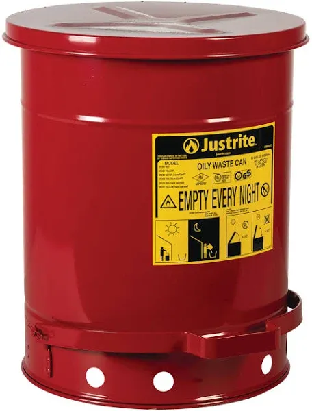 Justrite 10 Gallon Galvanized Steel Oily Waste Can, 18" x 14" Metal Oil Rag Safety Can with Quiet Foot Operated Self-Closing Lid for Oil Rag Disposal, Made in The USA, Red, 09308