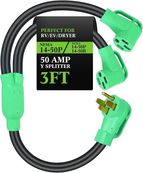 Kanayu 50Amp 14-50 Y Splitter Adapter Cord ETL Listed 14-50P Male to 2X 14-50R Female 4 Prong 250V Splitter for RV and EV Heavy Duty 6/3+8/1 STW AWG RV Generator Outdoor Extension Cord, 3 Ft(Green)