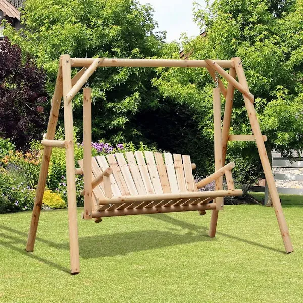 Outsunny Wooden Swing Bench, Garden Swing Chair, Natural