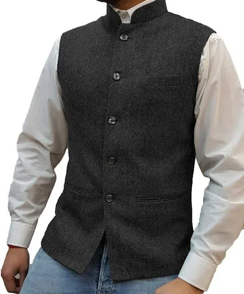 Tuikayoo Mens Herringbone Wool Vests Suit Business Tweed High Collar Waistcoats Slim Fit