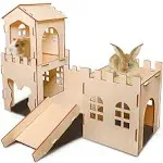 Extra Large Wooden Rabbit Castle Hideaway Tunnel and Bed Small Animal Hideaway Hut Solid Safe Construction Play Hideaway Hut for Rabbit Guinea Pig