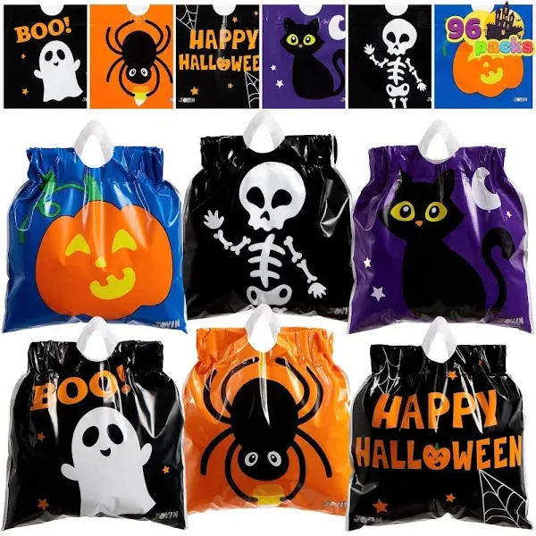 JOYIN 96 Pcs Halloween Drawstring Candy Bags, Small Trick or Treat Bags Bulk, Plastic Goodie Bags for Trick or Treating, Gift Bags for Kids Boys Girls Halloween Party Favors Supplies