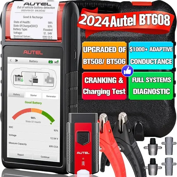 Autel MaxiBAS BT608 (E) Car Battery Tester, 2024 Up of BT508/ BT506, Adaptive Conductance (Worth 1000+), Cranking Charging Test as BT609, Battery Reset, MK808S/ MX808S Full Systems, Built-in Printer