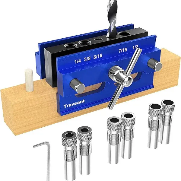 BLEKOO Self Centering Doweling Jig Kit, Drill Jig for Straight Holes Biscuit Joiner Set with 6 Drill Guide Bushings, Adjustable Width Drilling Guide