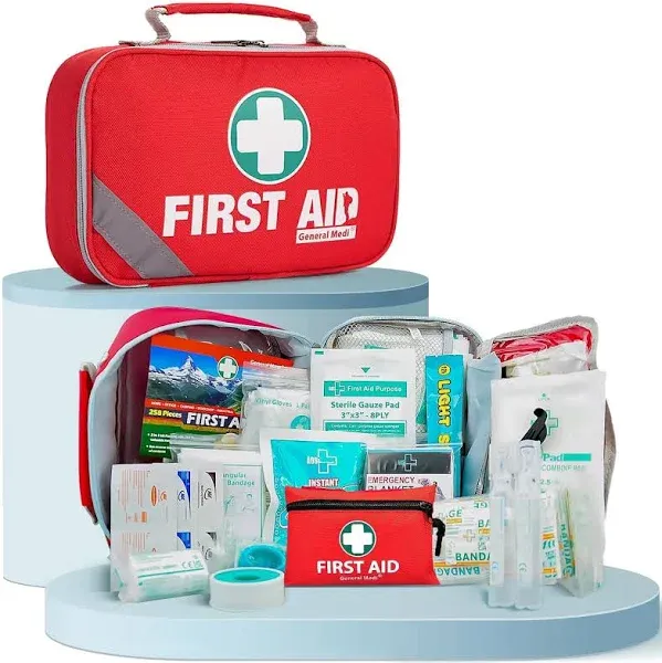 General Medi 2-in-1 First Aid Kit (215 Piece Set) + 43 Piece Mini First Aid Kit -Includes Ice(Cold) Pack, Moleskin Pad and Emergency Blanket for Travel, Home, Office, Car, Workplace