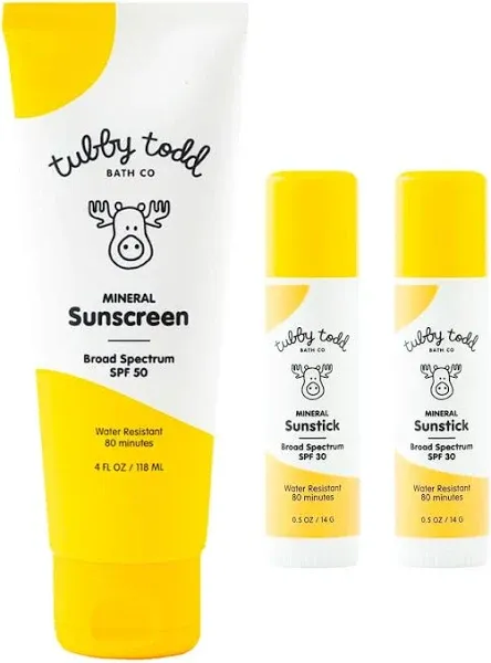 Tubby Todd Face and Body Mineral Sunscreen Kit for Baby, Toddler and Kids - Sunscreen 4 Fl Oz and Sunstick 0.5 Oz Duo Bundle - Fragrance-Free