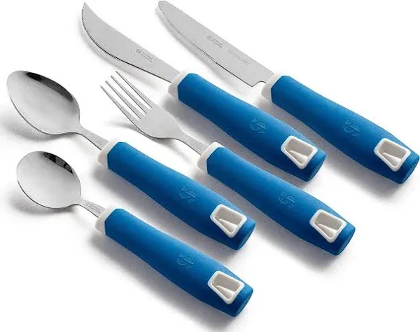 Special Supplies Adaptive Utensils 5-Piece Set Non-Weighted, Non-Slip Handles for Hand Tremors, Arthritis, Parkinson’s or Elderly Use - Stainless Steel Knife, Rocker Knife, Fork, Spoons - Blue