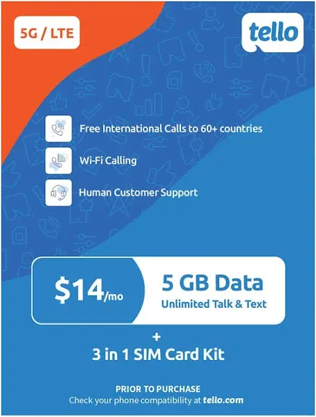 Tello Mobile 5GB Data Unlimited Minutes & Texts Phone Plan