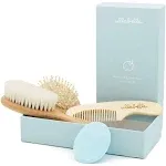 Ullabelle 4 Piece Wooden Baby Hair Brush and Comb Set for Newborns & Toddlers in Chic Gift Box - Ultra Soft Natural Goat Hair and Wood Baby Brush