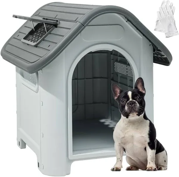 YITAHOME 30'' Large Dog House Outdoor Plastic Doghouse Water Resistant Pet House with Adjustable Skylight and Elevated Base for Small Dogs (30''L*23.3''W*26''H)