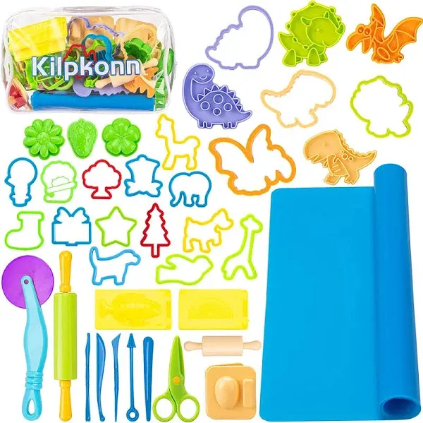 Kilpkonn Play Dough Tools Kit for Kids, 41pcs Dough Accessories Molds, Shape, Scissors, Roller Pin, Playdough Mat with Storage Bag, Party Pack Playset for